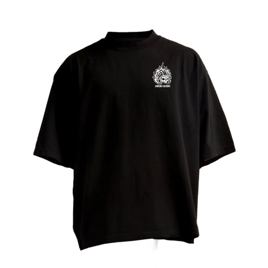 Black t-shirt with a white logo on a white background