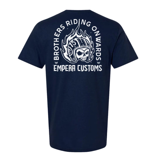 Navy blue t-shirt with white graphic and text on a white background