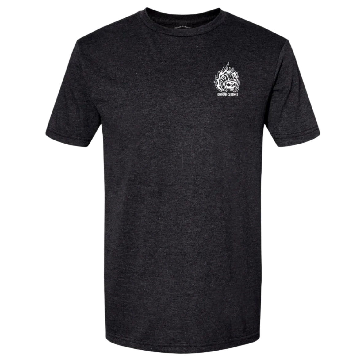 Black t-shirt with a white logo on the chest against a white background