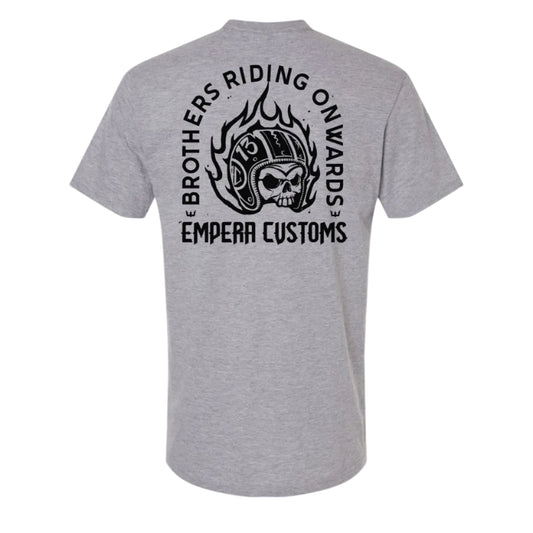 Gray t-shirt with black graphic and text on the back