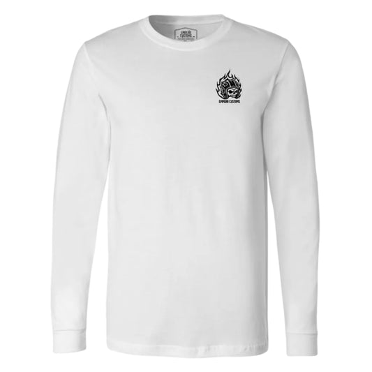 White long-sleeve shirt with a black logo on a white background