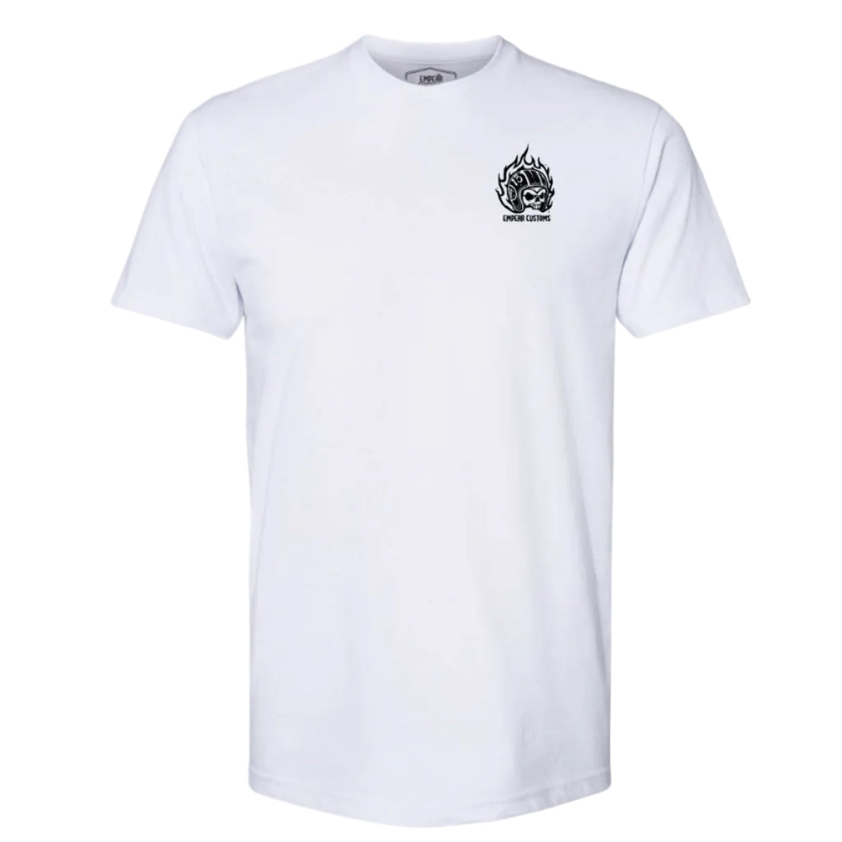 White t-shirt with a black logo on a white background