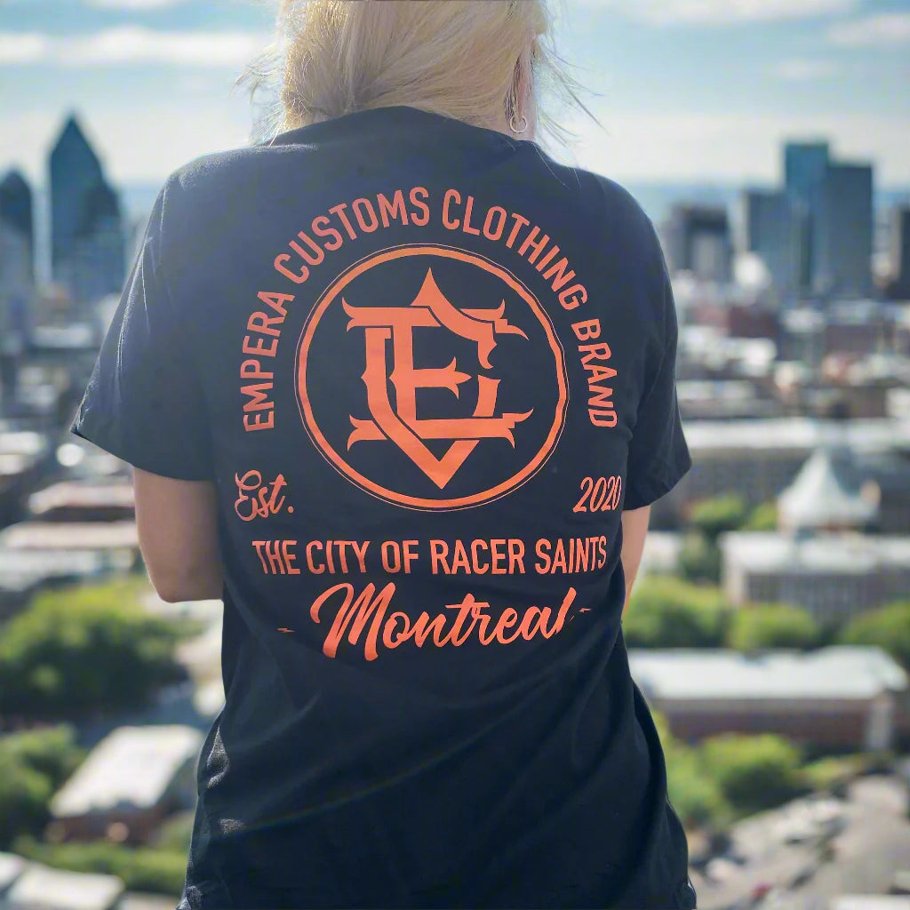 Model w Black Saints Mark tee