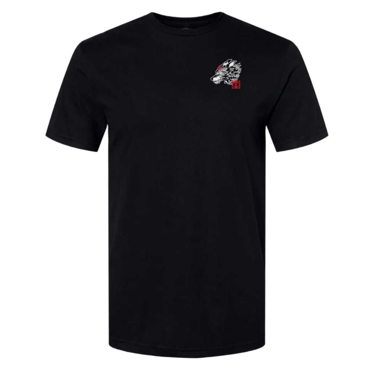 Black t-shirt with a small graphic on the chest against a white background