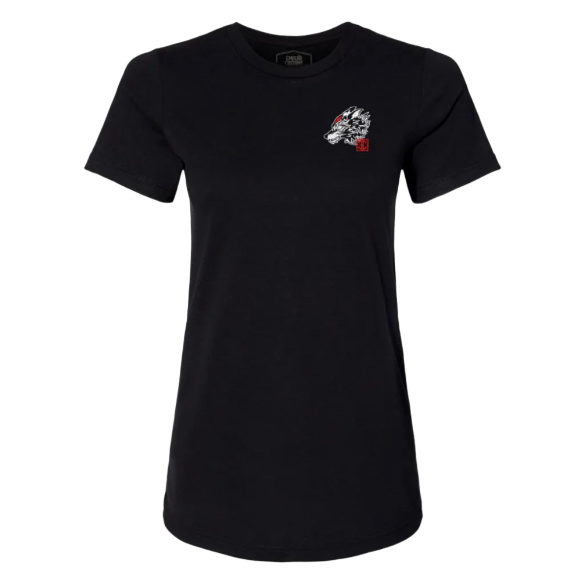 Black t-shirt with a small logo on the chest against a white background
