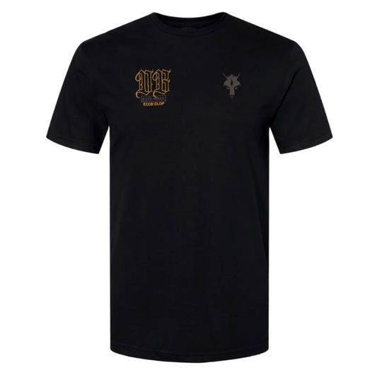 Black t-shirt with gold and white logo on a white background