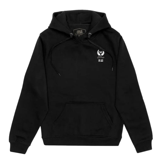 Black hoodie with a logo on the chest against a white background