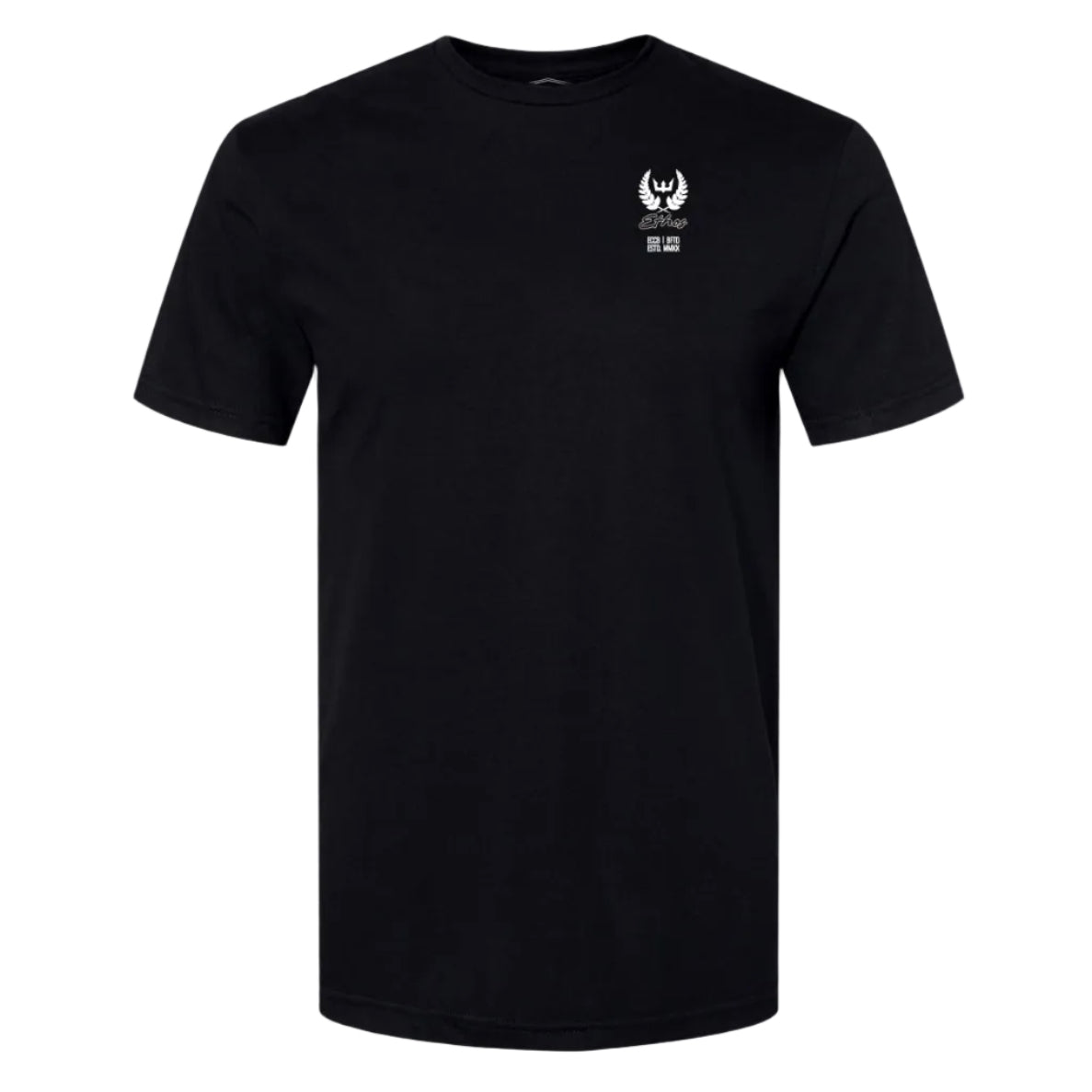Black t-shirt with a white logo on a white background