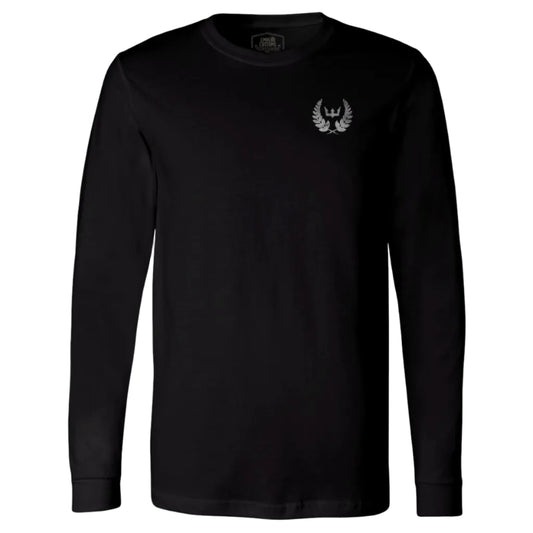 Black long-sleeve shirt with a logo on the chest against a white background
