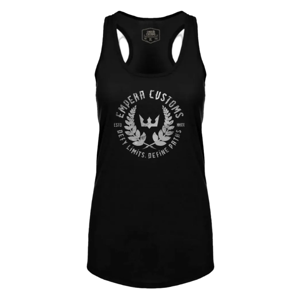 Black tank top with white logo and text on a white background