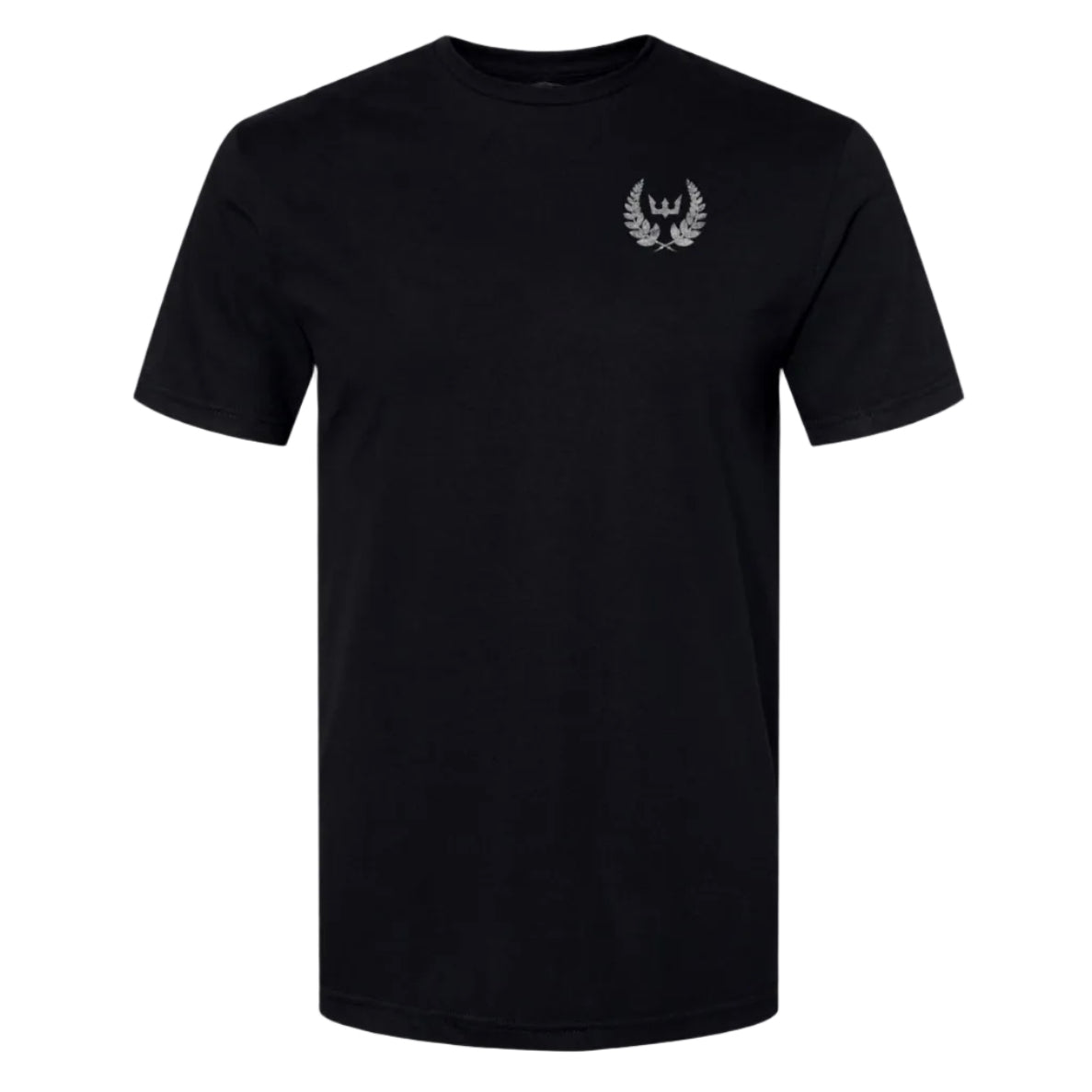 Black t-shirt with a white logo on a white background
