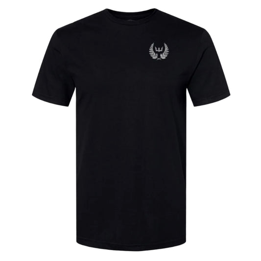 Black t-shirt with a white logo on a white background