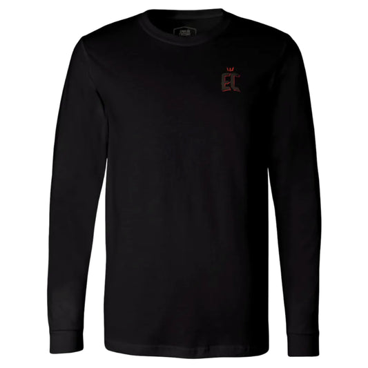 Black long-sleeve shirt with a logo on the chest against a white background