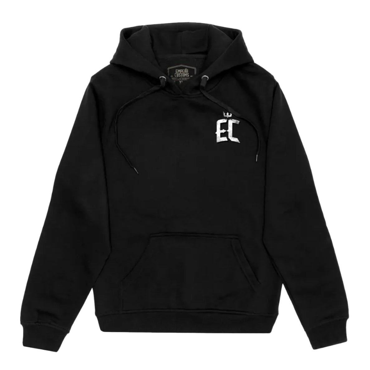 Black hoodie with a logo on the chest against a white background