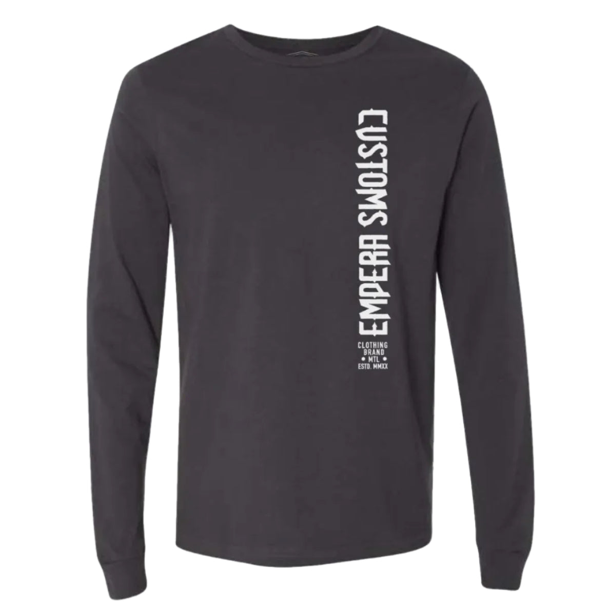 Black long-sleeve shirt with white text on a white background