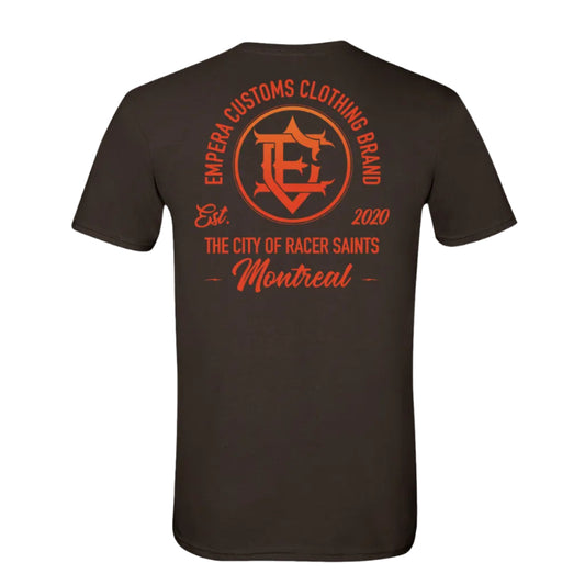 Black t-shirt with orange text and logo on a white background