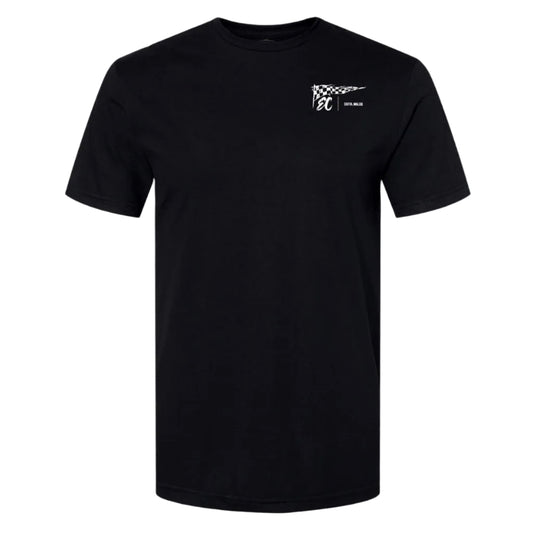 Black t-shirt with a small white logo on the chest against a white background