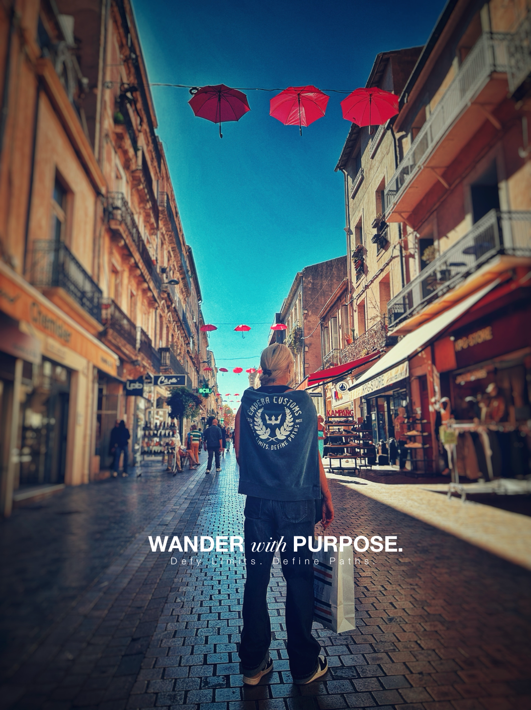 Person walking down a street with red umbrellas and 'Wander with Purpose' text.
